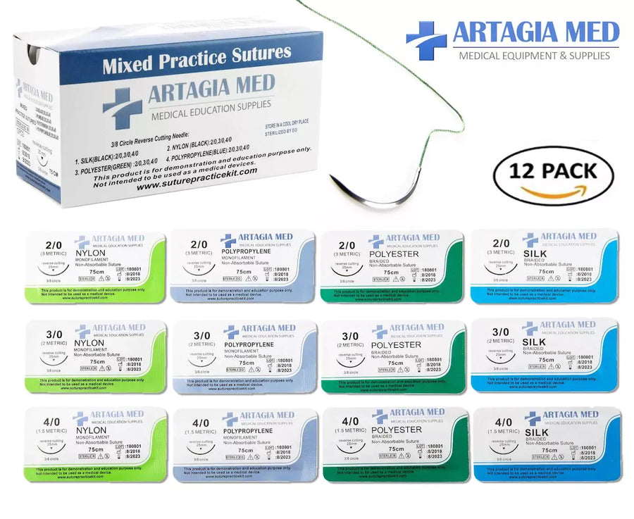 12 Medical Sutures with Needles for Suture Practice