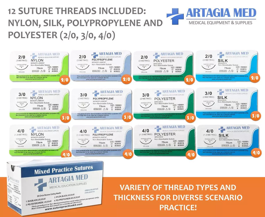 12 Medical Sutures with Needles for Suture Practice