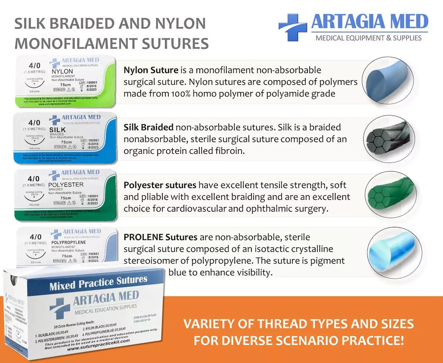 12 Medical Sutures with Needles for Suture Practice