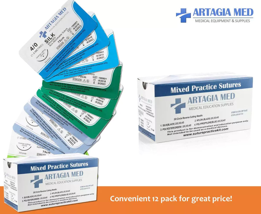 12 Medical Sutures with Needles for Suture Practice